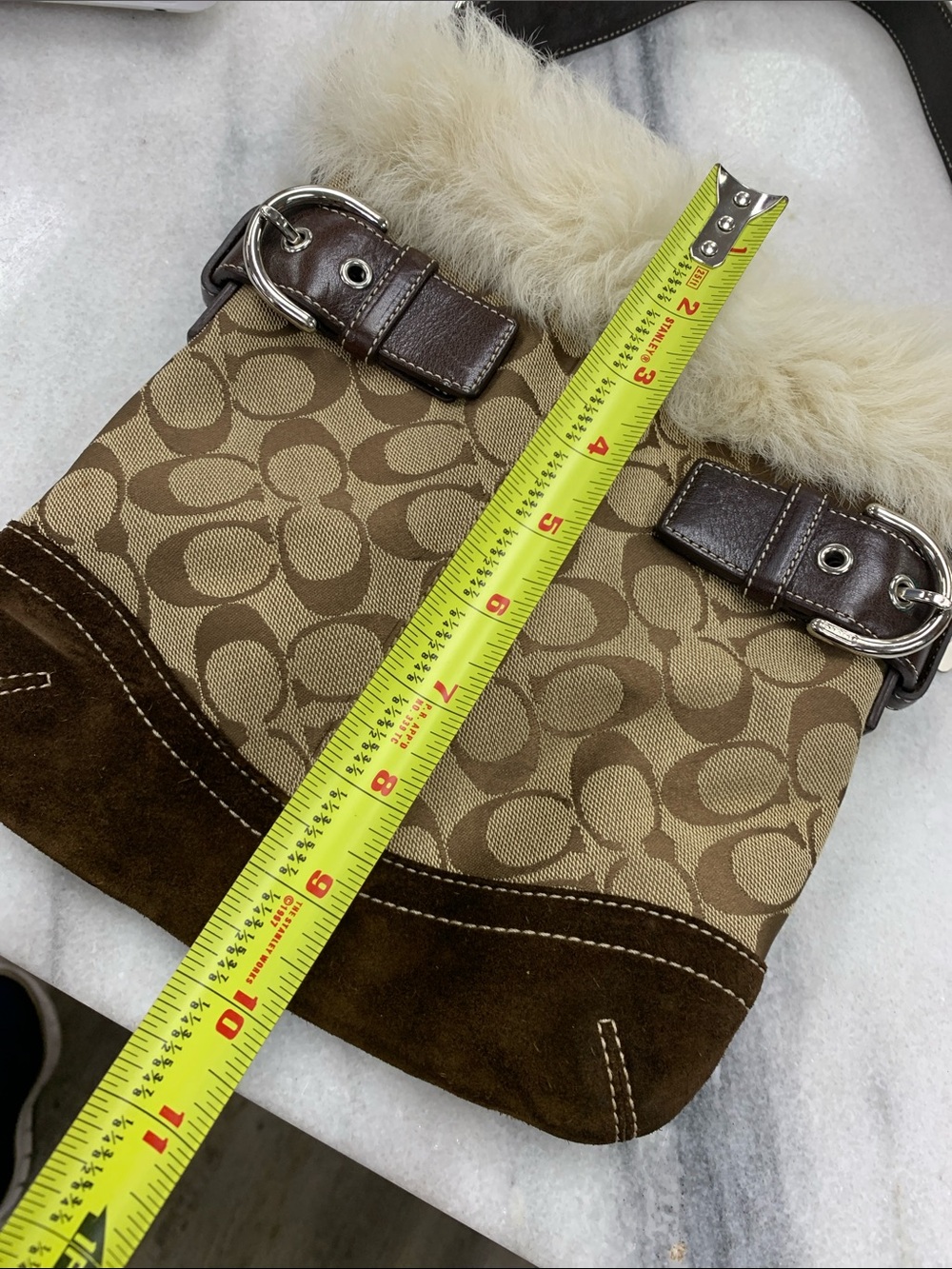 Coach Tan & Brown Signature Jacquard Fur-Trim Shoulder Bag - Picture 6 of 12
